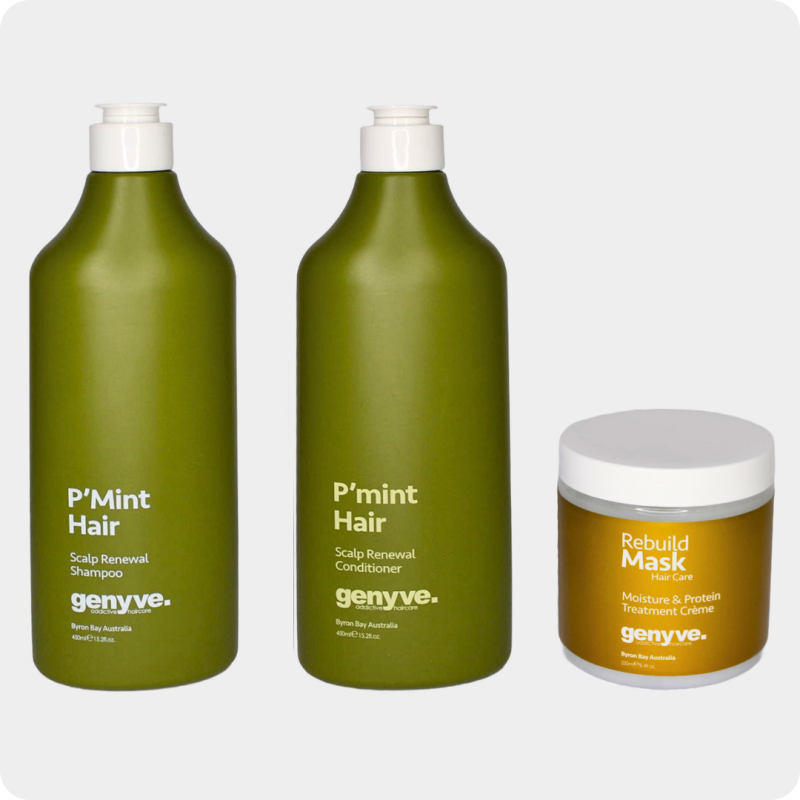 Genyve P’mint Scalp Renewal Trio with Rebuild Mask – shampoo, conditioner and treatment crème set