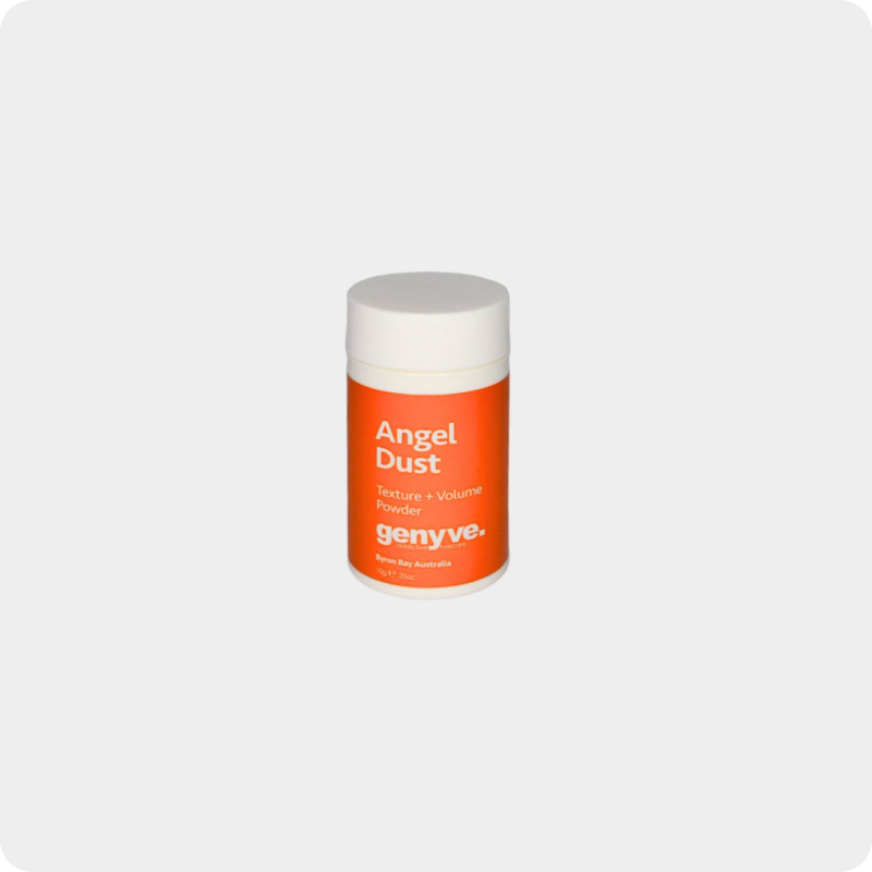 Orange bottle of Genyve Angel Dust Texture + Volume Powder on solid orange background