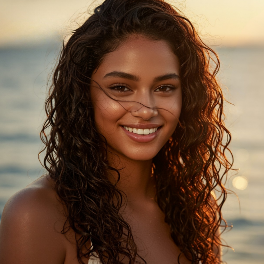 Woman with natural curly hair showing defined, frizz-free curls by the beach